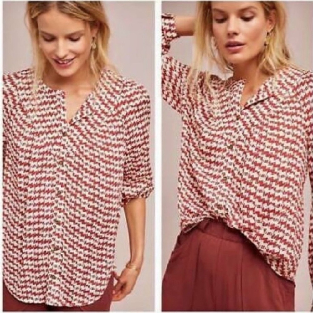 Maeve Avignon Dog Print Brick Red Blouse | Size M | Anthropologie | Button-Up